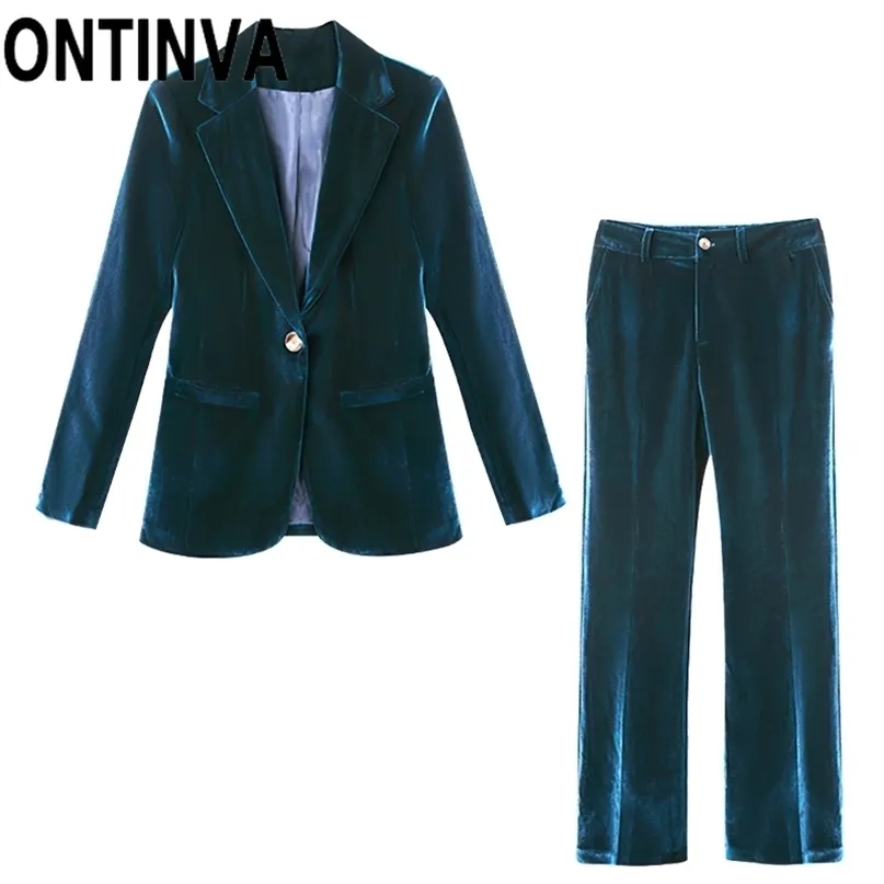 Office Ladies Two Piece Suits Velvet Blazer and Pants Women Winter Autumn Purple Dark Blue Jacket Coat with Pocket 4XL Plus Size 220315