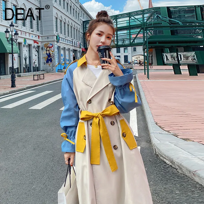 [Deat] novo outono moda feminina trench casaco casual de manga completa lapela colar retalhos de colcas de picadas de cor fina longa com cinto tx175 201111