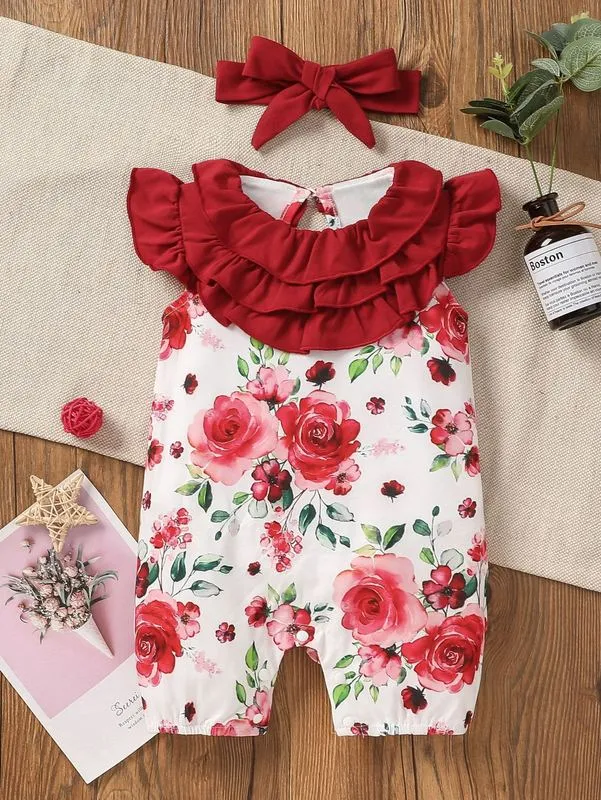 Baby Floral Print Ruffle Trim Romper z opaską