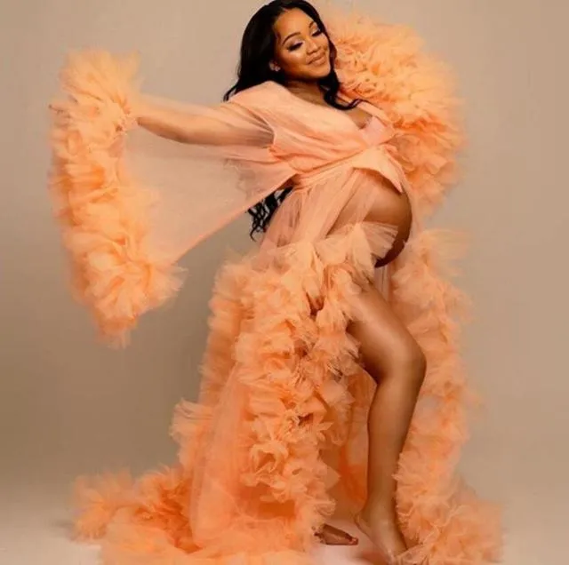 2023 Maternity Dress for Photoshoot Babyshower Pregnant Orange Pink Prom Dresses Purple Ruffles Tulle Long Sleeves Evening Dress Cape Wraps