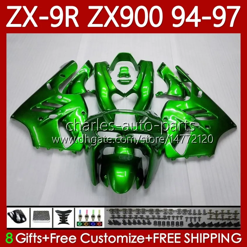 Moto Bodywork para Kawasaki Ninja ZX 9R 9 R 900 CC ZX9 R ZX900C 94-97 Corpo 100no.0 ZX900 900CC ZX-9R ZX9R 94 95 96 97 ZX-900 1994 1995 1997 1997 Kit de Feira do OEM Metálico