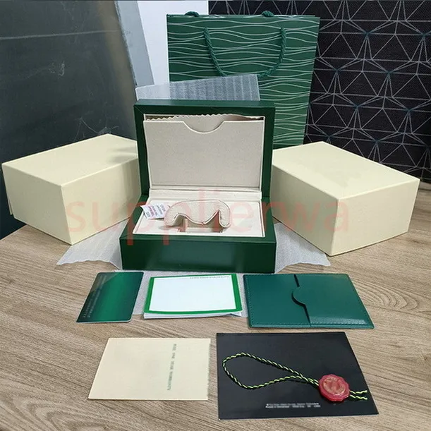 Rol Luxury Caja de reloj verde de alta calidad Estuches Bolsas de papel Certificado Cajas originales para mujer de madera Relojes para hombre Bolsas de regalo Access2755