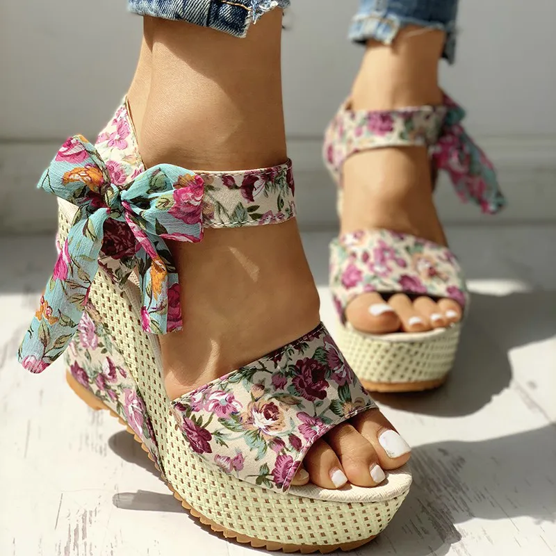 Women s 2024 Bowknot Wedges Floral Ethnic Summer Heels with Ankle Strap