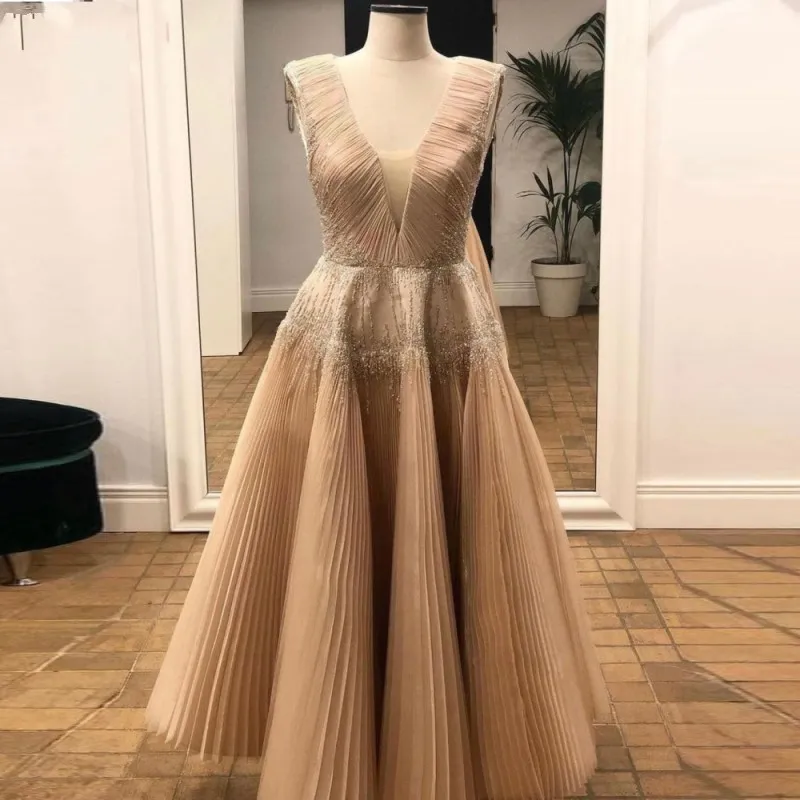 Saudi Arabia Champagne Prom Dresses Sexy Deep V Neck Tea Length Pleats Beaded Evening Gowns Zipper Back Custom made Cocktail Party Vestidos