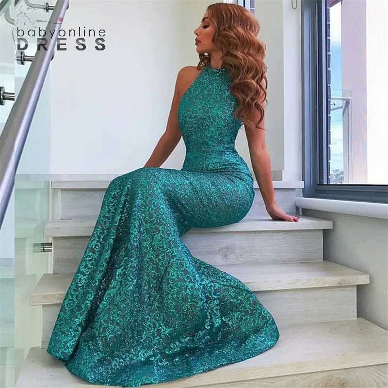 Hunter Green Pailletten Prom Kleider Sexy Neckholder Ärmellose Meerjungfrau Frauen Anlass Abend Party Kleider Formale Vestidos