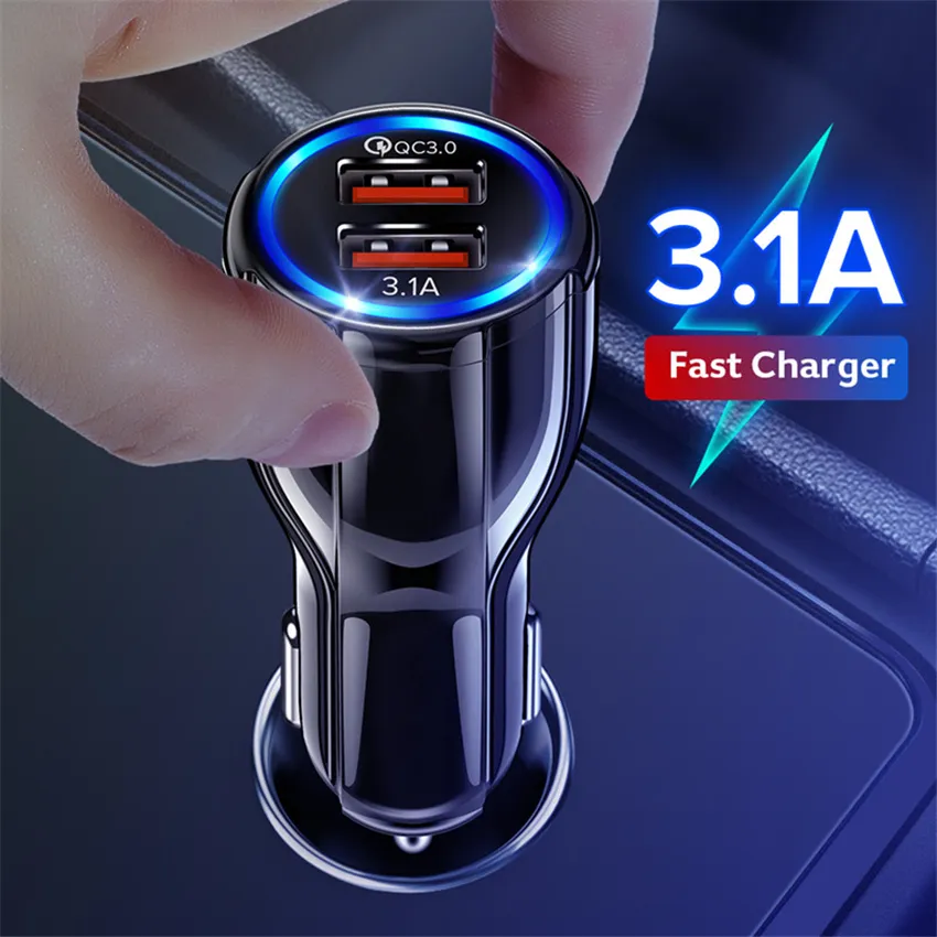 QC3.0 Double U Port 3.1A Car Charger Dual USB Fast Charging QC Phone Cars Quick Charge Adapter For iPhone 12 11 Pro Max Xiaomi Redmi Huawei