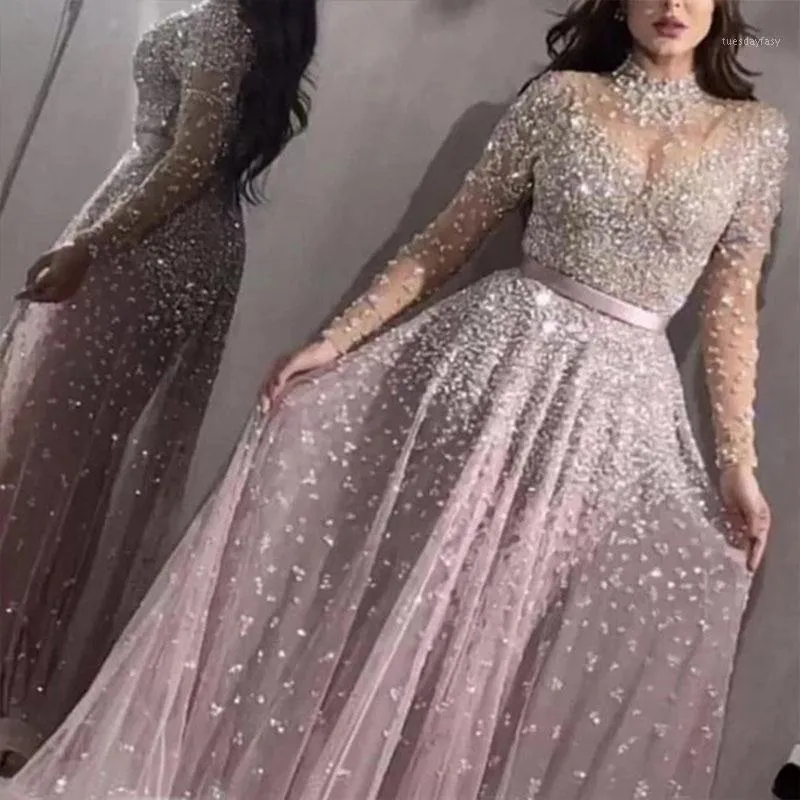 Vestidos casuais femininos elegantes formais festa à noite malha manga longa cintura alta lantejoulas vestido de casamento brilhante vestidos de alta qualidade1