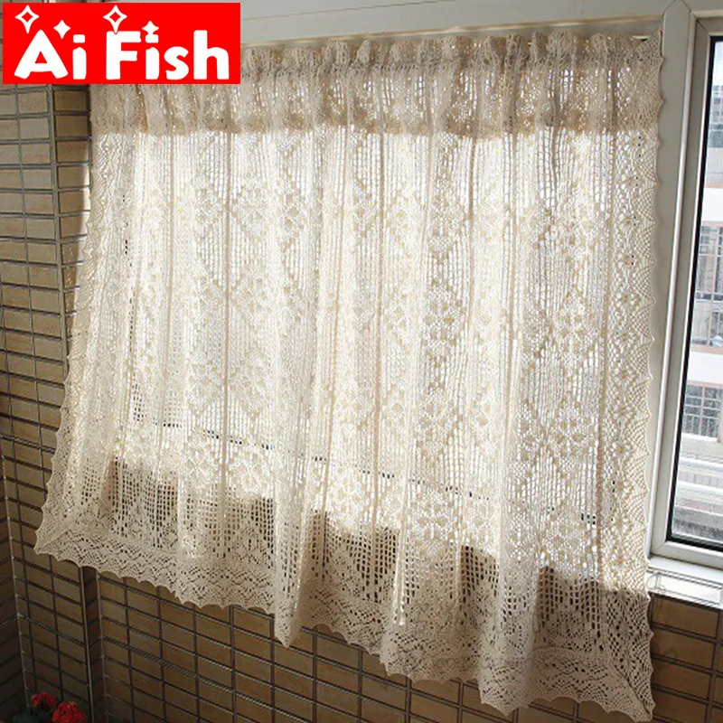 American Country Cotton Linen crochet Kitchen Half Curtain Retro Small Curtain Hollowed out Short Drapes For Bay Window #30 LJ201224