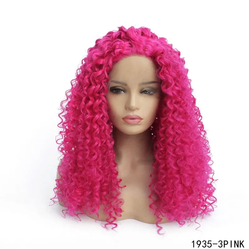 Kinky Curly Synthetic Hair Lace Front Pärlor HD Genomskinlig Perruques de Cheveux Funeins peruk 1935-3Pink