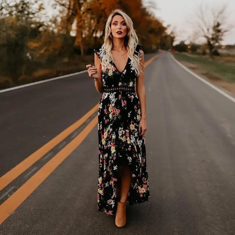 Boho Floral Maxi Dress for Women - Irregular Backless with Deep V Trim and Lace Detailing, Perfect for Summer Parties and Formal Occasion