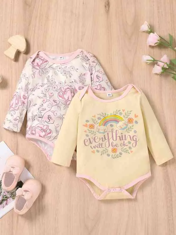 2-teiliger Baby-Body mit Blumenmuster und Slogan-Grafik und kontrastierender Einfassung SIE