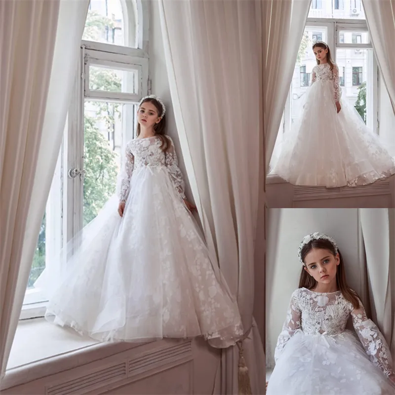 Biały kwiat Dziewczyny Sukienki Długie Rękawy Pełna Aplikacja Koronka Pierwsza Komunia Dress Elegancka Chic Custom Made Wedding Pagewant Dress