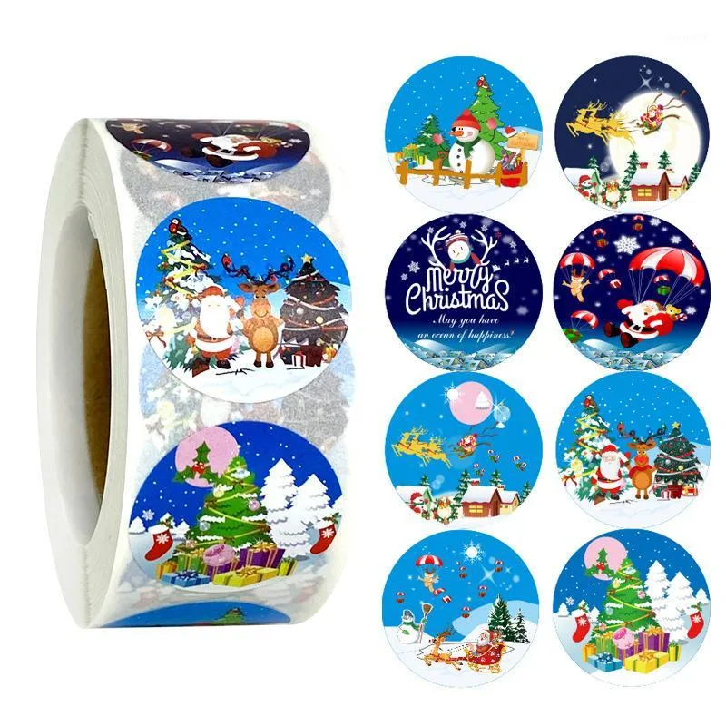 Present Wrap 500pcs / Roll God jul Santa Claus Elk Sleigh Snowman Stickers 500pcs för Xmas Tack Hälsningskort Decor1