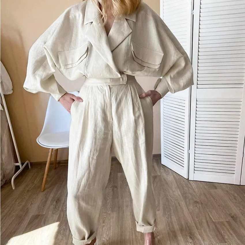 Women Spring Two Piece Pants Temperament Long Sleeve Shirt Loose Jacket Solid Color Fashion Casual Cotton Linen Suit Trousers Twinset