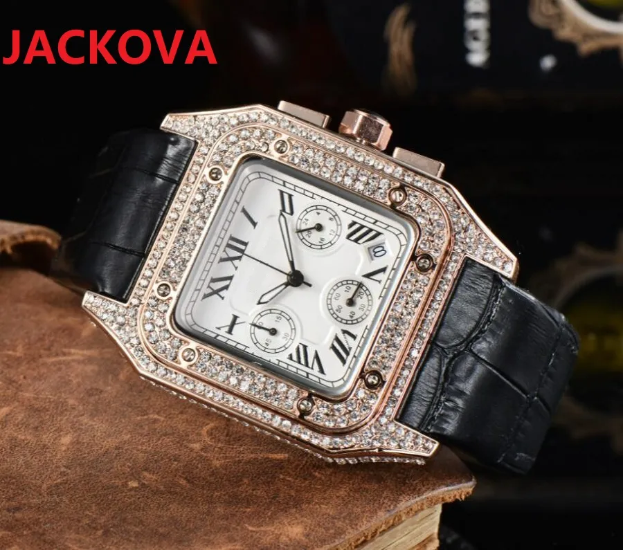 Relogio masculino diamants hommes quartz montre de luxe mode jour date Calendrier or Bracelet tout crime carré montre-bracelet romain Mont3145