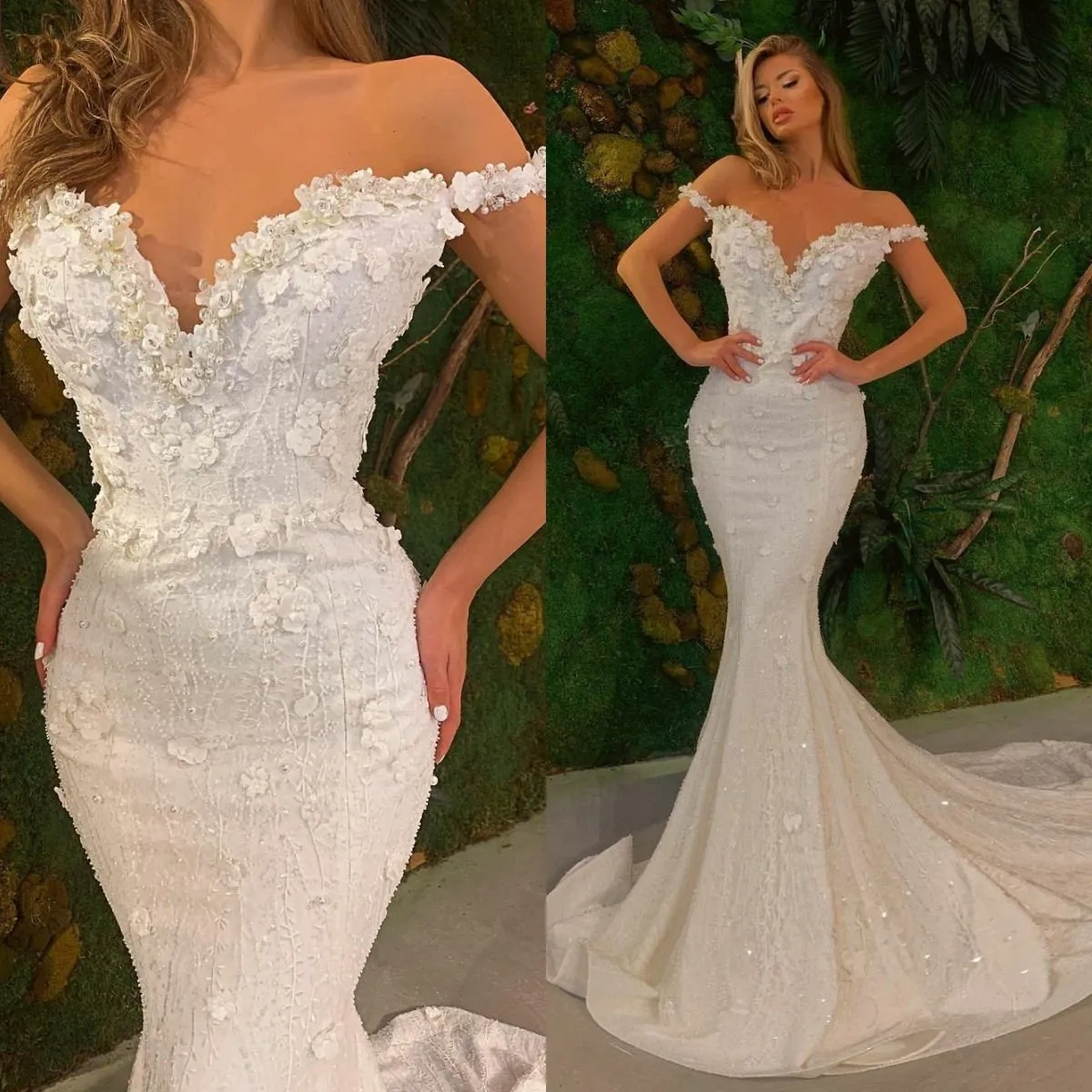 2020 인어 웨딩 드레스 Vestidos de Novia Lace Appleiqued 어깨 신부 가운 맞춤 제작 된 Robes De Mariée