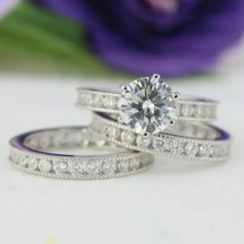 Vigselringar 3st Lyxig delikat 925 Ren Silver Engagement Love Set Ring Storlek 6-10