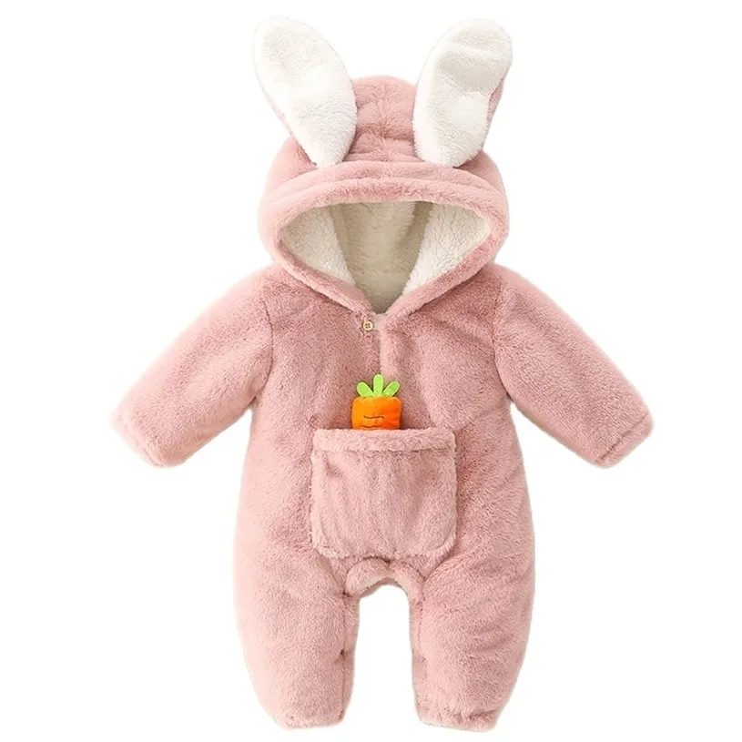 Baby Rompers Winter Warm Coral Fleece born Girl Clothes Cartoon Rabbit Coats Infant Jumpsuit Animal Overalls Pajamas 211229