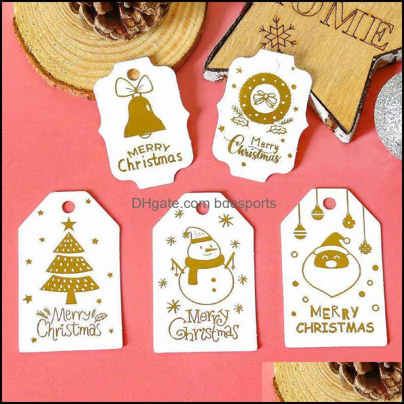 50sets Bronzing Merry Christmas Gift Tags Snowman Santa Claus Paper Card Label Xmas Party Gift Box Packaging Hang Tags with Rope Y1230