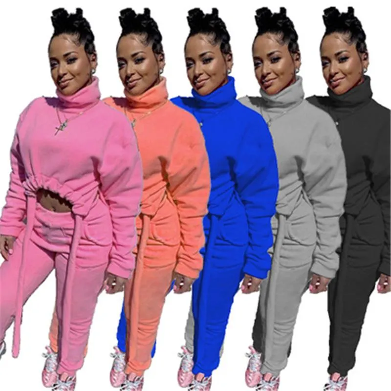 Women Thicken 2Pcs Sets Fashion Long Sleeve High Neck Drawstring Tops Pant Suits Designer Female Winter New Fleece Casual Loose Tracksuits