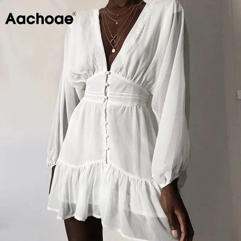 Aachoae Kobiety Sexy Głębokie V Neck White Lace Ruffle Sukienka Lato Szyfonowa Mini Party Dress Damska Długie Rękaw Wakacyjny Suknie Plażowe LJ200818