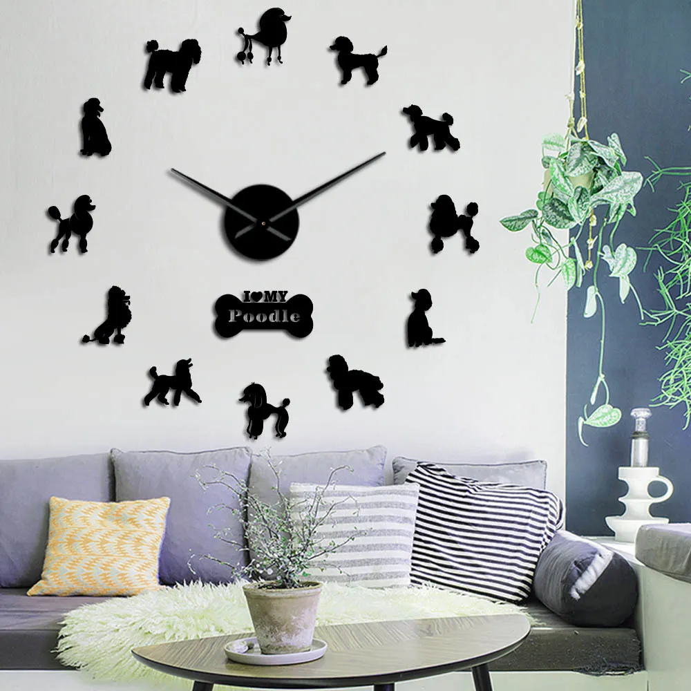 Gåva till Poodle Lover 3d Diy Long Hands Wall Clock Dog Club Fashion Decoration med söta bendjur Butik Ornament Klocka Klocka LJ200827