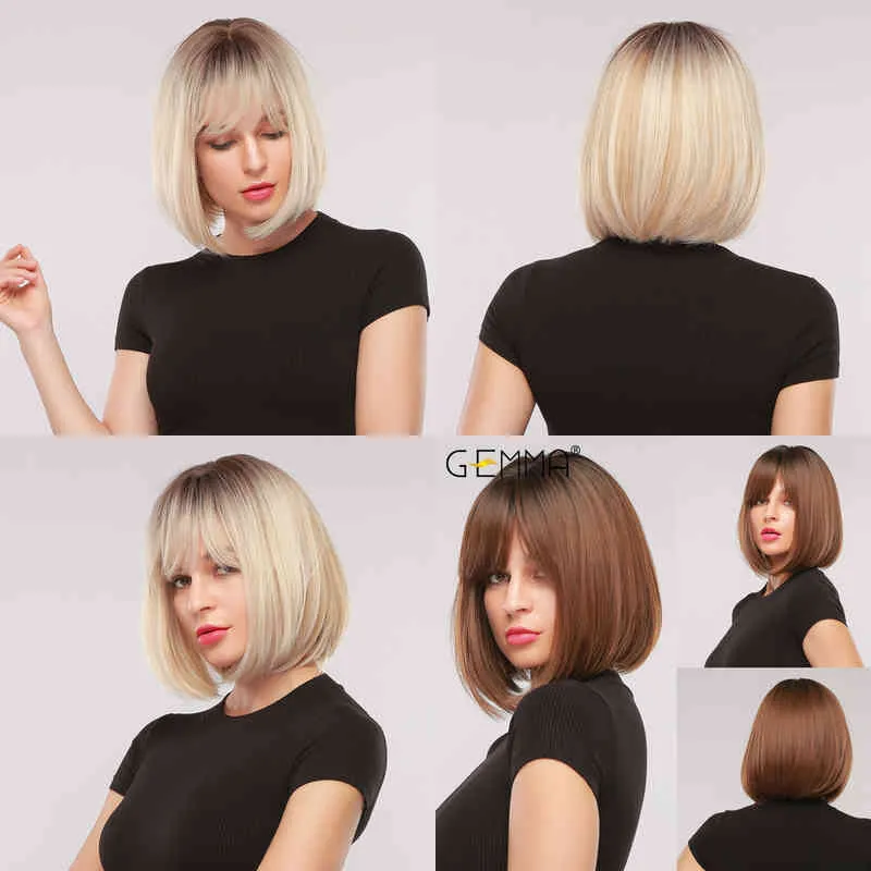 Cabelo Sintético Perucas Cosplay Gemma Curto Straight Bob Perucas Sintéticas Com Bangs para Mulheres Afro Ombre Negro Marrom Amarelo Loira Cosplay Partido Daily Hair 220225