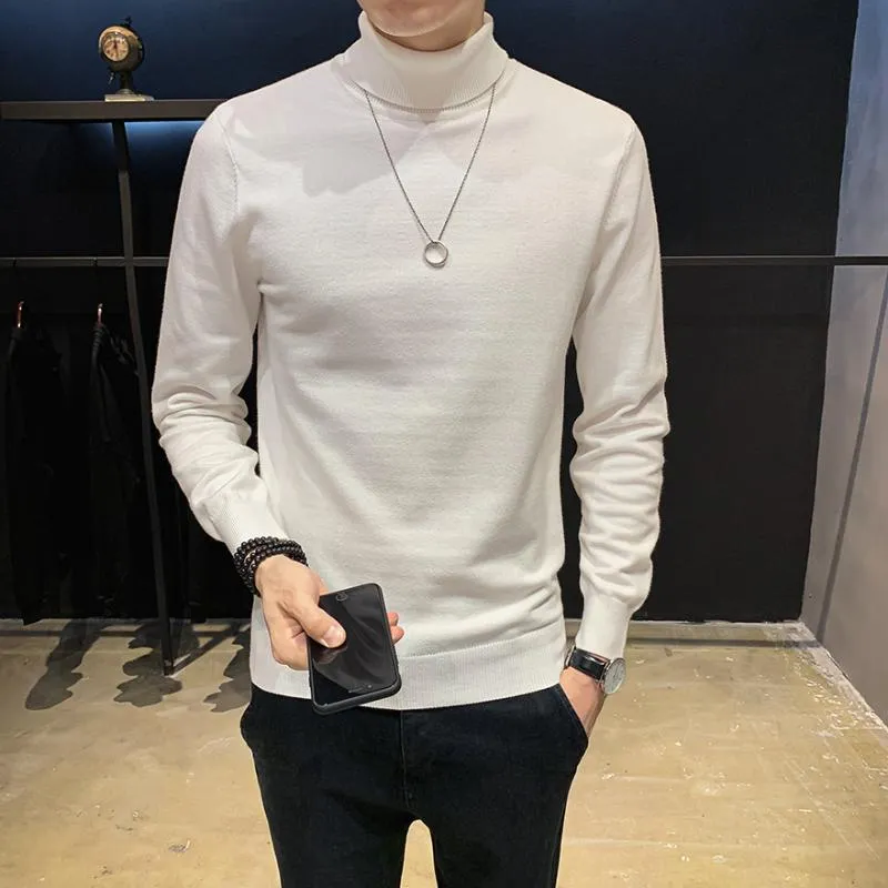 2020 Autumn Winter Men Sweaters Knitted Solid Casual Pullovers High Turn Down Collar Soft Slim Fit Knitwear Basic Tops White