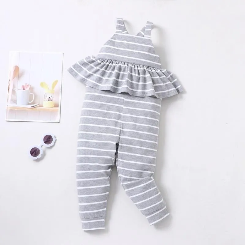 Jumpsuits Baby Girl Romper Sommar Bomull Casual Home Striped Ruffles Ärmlös Rem Kids Plysuits Kläder 1-6Y