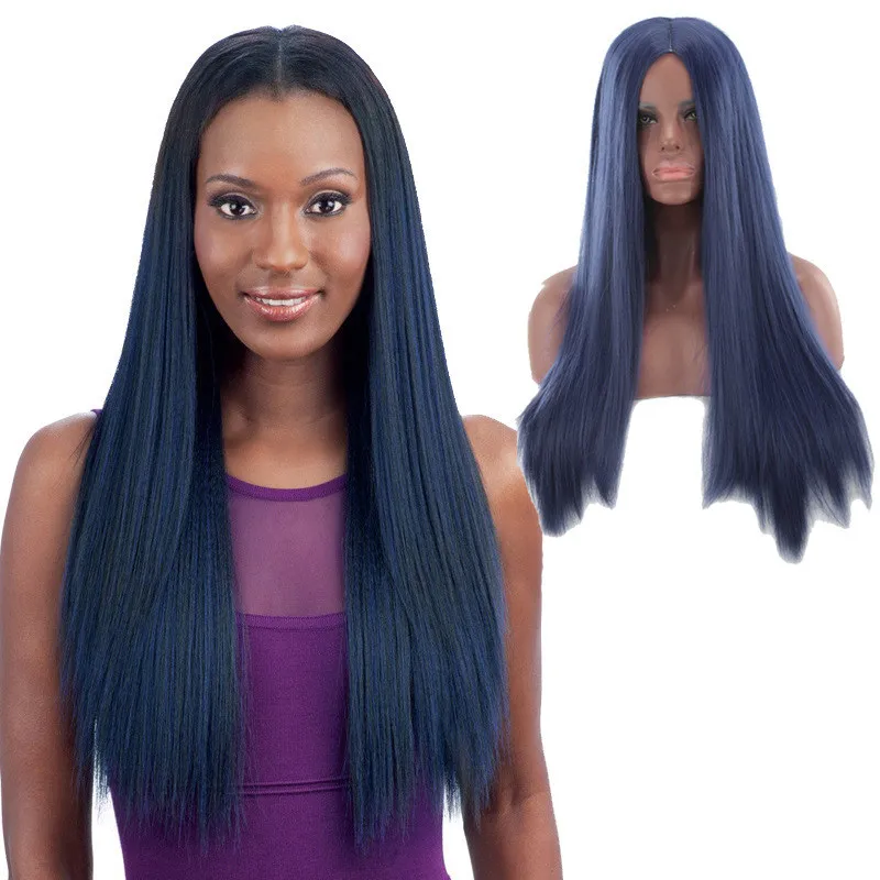 26 ~ 28 cali Prosty Syntetyczny Wig Niebieski Kolor Symulacja Peruki Ludzkie Włosów Perruques de Cheveux Humains na białe i czarne kobiety JF3319