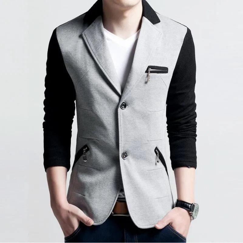 Erkek Takım Elbise Blazers Toptan-Slim Fit Rahat Ceket Pamuk Erkekler Blazer Tek Düğme Gri Erkek Takım 2021 Sonbahar Patchwork Coat Erkek Suite