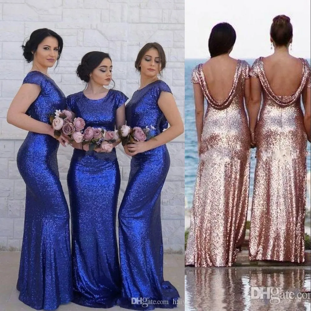 Sexig Royal Blue Rose Gold -paljetter Brudtärklänningar för juvelhals Kort ärm Öppen rygg Arabisk piga av hedersbröllop Gästklänningar 403