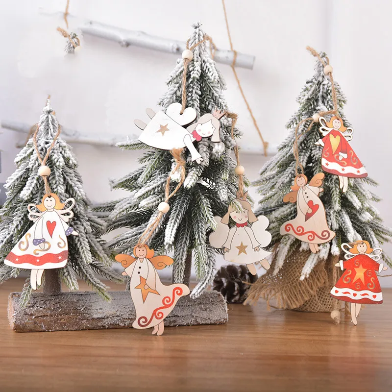 Decorazioni natalizie Ciondolo in corda di canapa in legno dipinto a doppia faccia creativo Ciondolo albero di Natale angelo adorabile T3I51200