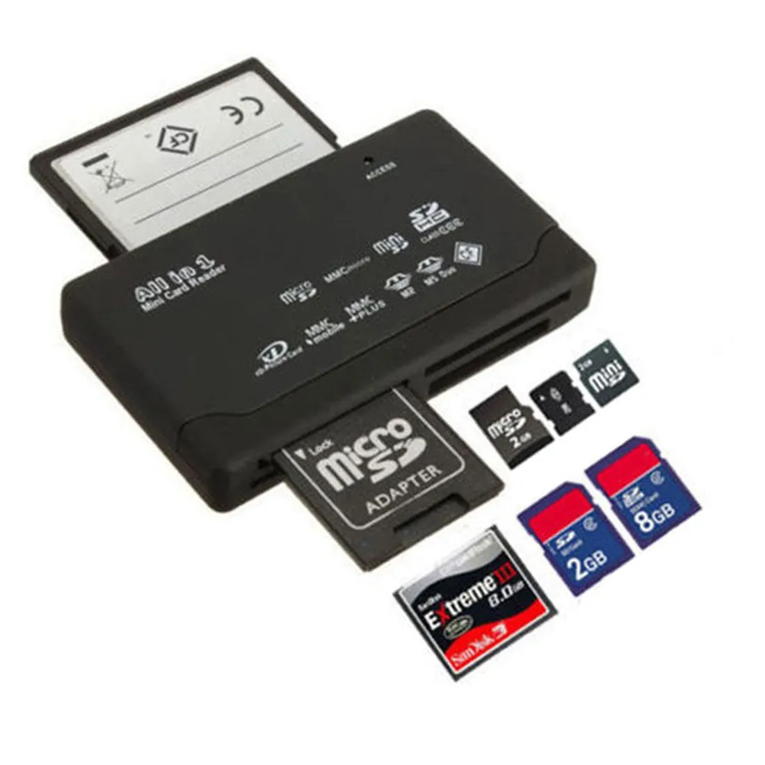 유니버설 마이크로 모든 메모리 카드 리더기 USB 외부 SD SDHC 미니 마이크로 M2 MMC XD CF 플래시 메모리 카드 읽기 및 쓰기