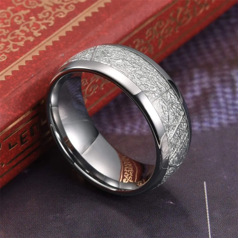 8mm volfram Mens Ring Inlay Meteorite Silver Polished Wedding Bands Men039S 316L Rostfritt stål Ringstorlek 7131684769