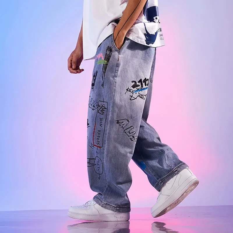 E-Baihui 2021 European och American Street Jean Hiphop Byxor Mäns Wide-Ben Jeans Straight Loose Korean Broderade Byxor 857