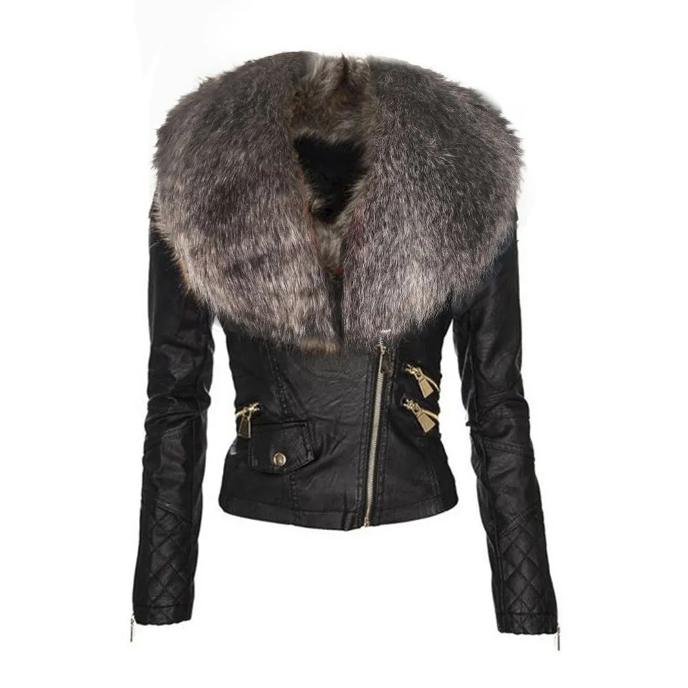 Faux Fur Trim Leather Jacket
