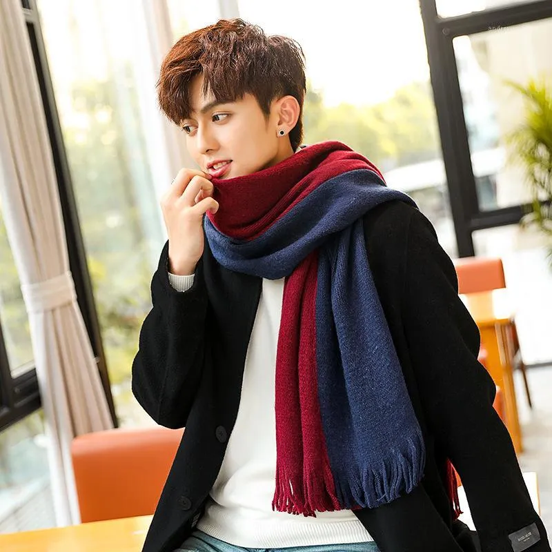 Scarves 2021 Scarf Men Thick Warm Man Winter Navy Blue Red Wine Color Simple Knitted Wool Long Young Students1
