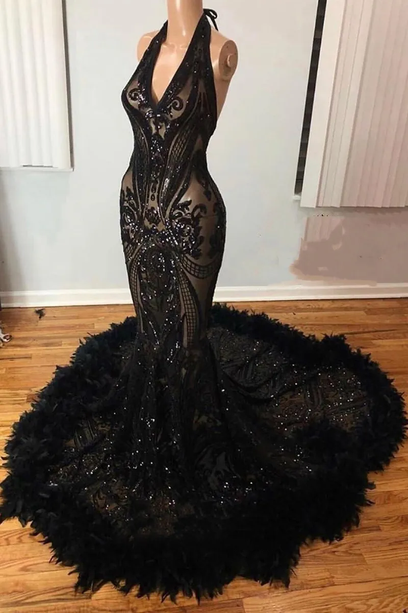 Aso Ebi Black Sequin Feather Trumpet Prom Dresses Sexy Illusion Bodice See through Special Occasion Gowns Custom Made Halter Backless Bling Dress Evening Wear
