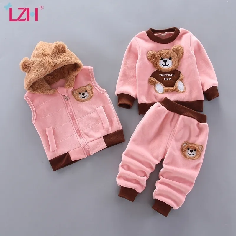 LZH outono inverno moda costura com capuz camisola de manga comprida + colete + calças 3 pcs meninas de bebê conjunto casual baby boysacksuit 201127