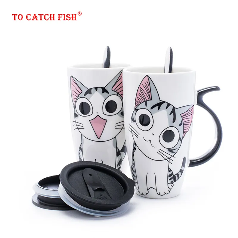 Drop shipping 600 ml Creative Cat tasse en céramique avec couvercle et cuillère de dessin animé au lait café tasse de thé tasses en porcelaine de beaux cadeaux Y200106