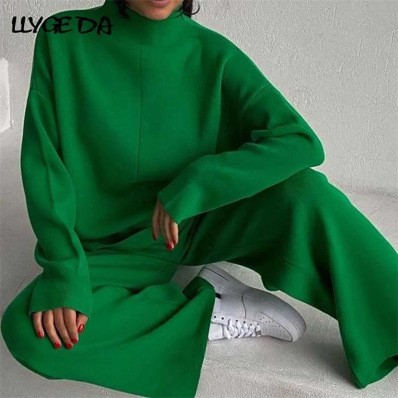Knitted Women's Trousers Suit Two Piece Set Green Winter Loose Long Sleeve Knitwear Flare Pants Sets Female Casual Suits 211221