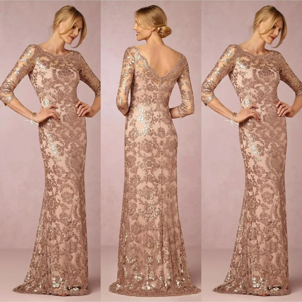 Bling Rose Or Paillettes Mère De La Mariée Robes Sirène Jewel Cou Paillettes Dentelle V Retour Soirée Robe De Soirée De Mariage Formelle Invité Robes