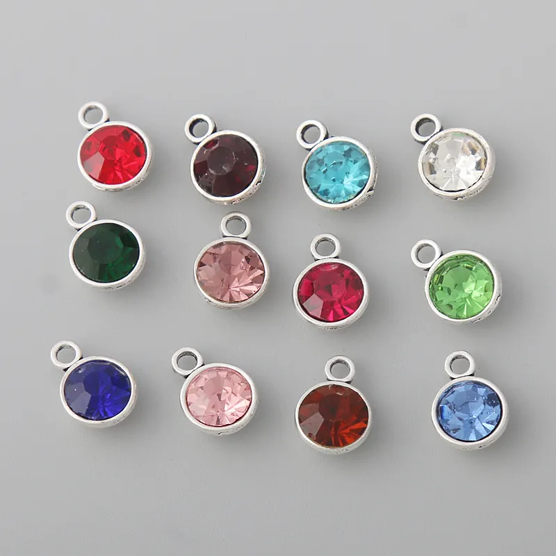 Großhandel runde bunte Geburtsstein-Charms für den Monat, Legierung, Schmuck, Kristall-Charms, 9 x 12 mm, AAC733