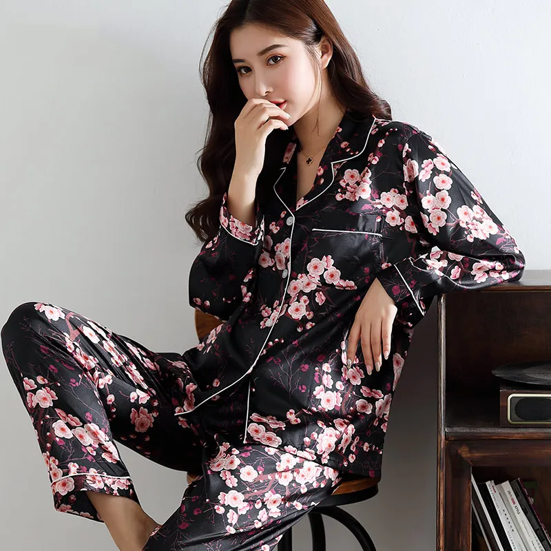 Womens Satin Silk Pajamas for Women Floral Pyjama Pigiama Donna Pjs Spring Autumn Mujer Pijama Sleepwear Nightwear Pizama Damska 2pcs 2 U4l6