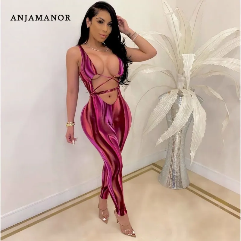 AnjaManor Moda Impressão de Verão Jumpsuit Sexy Clubwear Onesies para Adultos Mulheres Hollow Out Bandage Bodycon Jumpsuits D30AC79 T200509