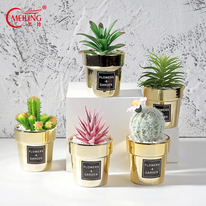 Gold Planter Pot With Artificial Succulent Decorative Table Bonsai Nordic Home Office Room Garden Hotel Decor Small Flower Pots Y200709