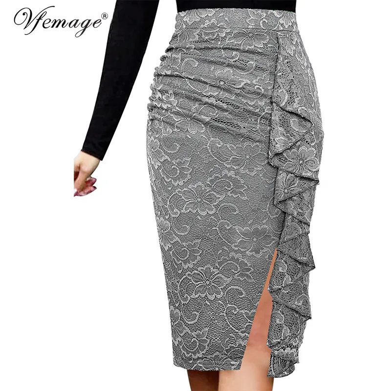 VFEMage Women Eleganckie Ruffles High Waist Koronki Solidne Zipper Slit Slim Work Office Business Party Bodycon Ołówek Spódnica 1007 201110