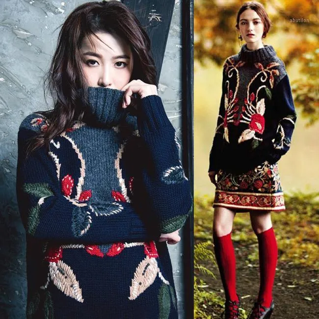 Dames Sweaters Wholesale- Hoge kwaliteit Est Mode Runway Sweater Dames lange mouw Turtleneck Luxueus Borduurwerk Pullover Gweat