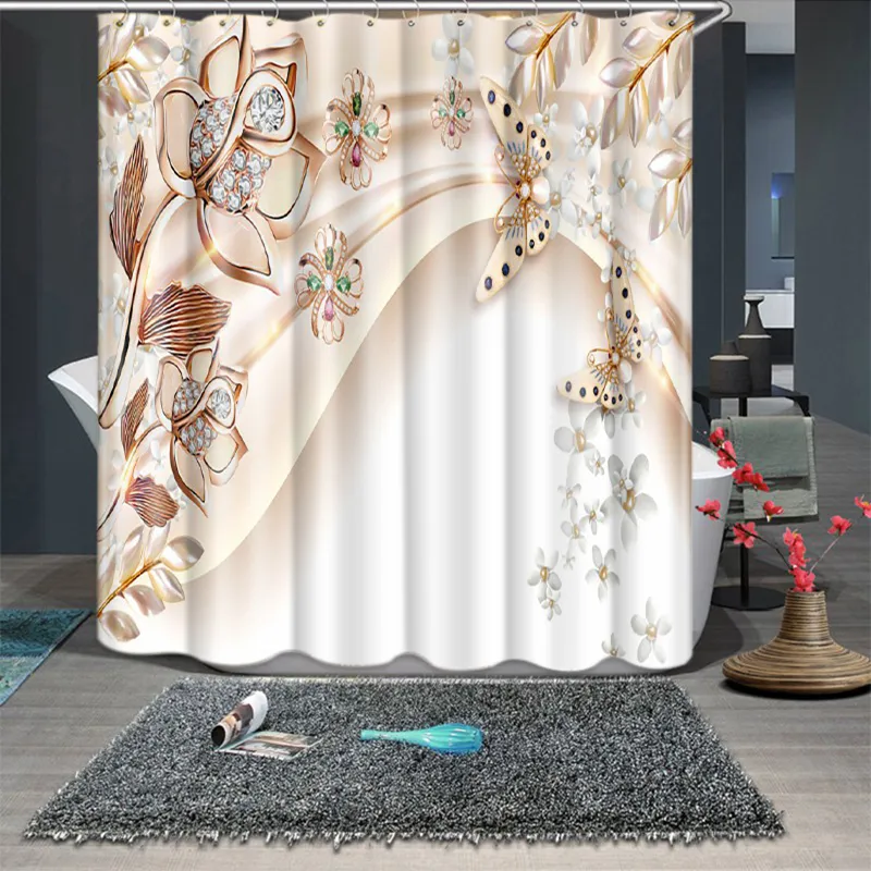 3d Diamant Papillon Fleur De Lotus Motif Rideaux De Douche Salle De Bains Rideau Épaissir Étanche Épaissie Rideau De Bain T200711